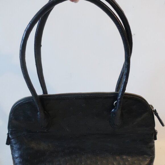 Womens Bloomingdale's Black Ostrich Embossed Satchel Shoulder Tote Handbag - Picture 7 of 16